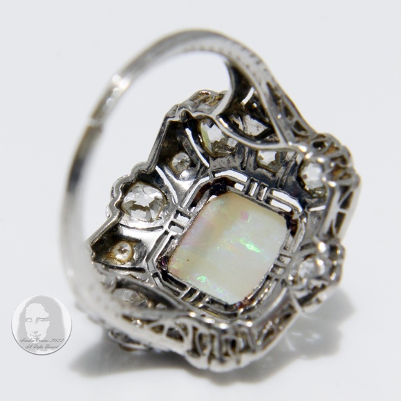 Art Deco Cocktail Ring Opal and Diamond Vintage Platinum Rare Early 20th C - Picture 13 of 16